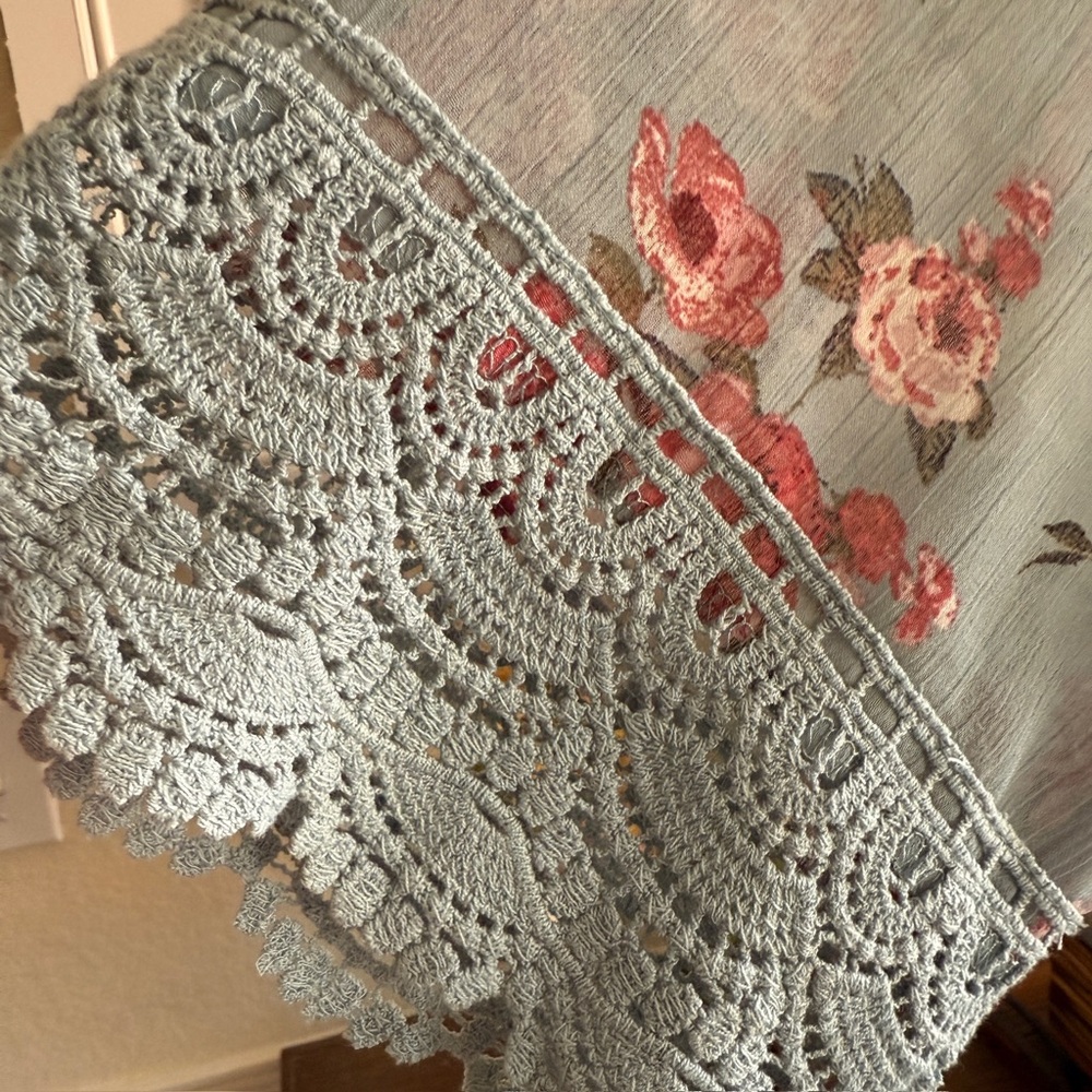 Floral Sheer Kimono Duster with Crochet Light Blue Pink Boho Layering Romantic - Picture 4 of 16